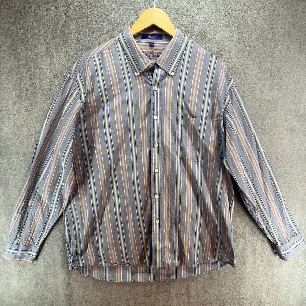 Alan Flusser Shirt Mens XL Purple Blue Striped Long Sleeve Button Up